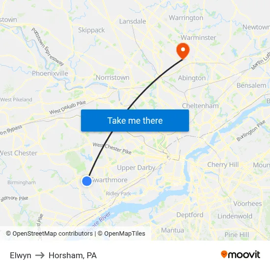 Elwyn to Horsham, PA map