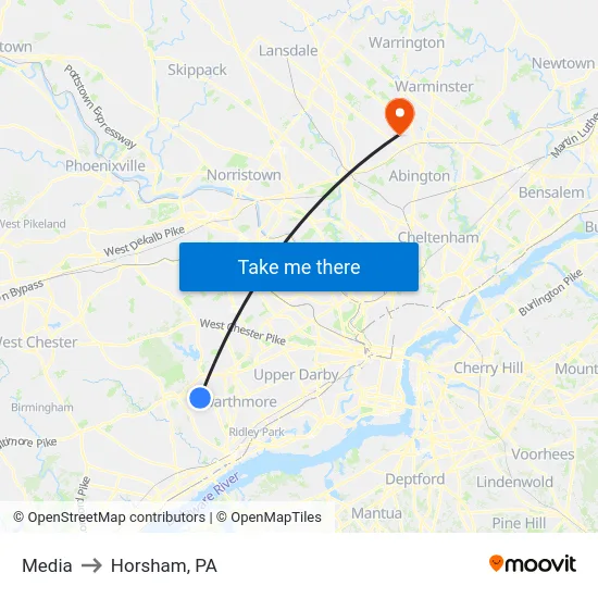 Media to Horsham, PA map