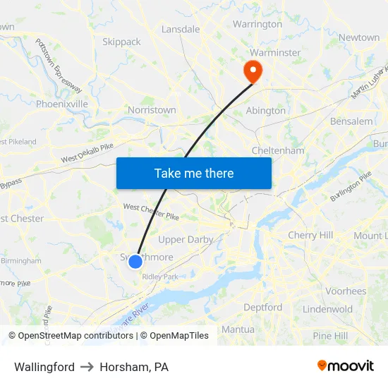 Wallingford to Horsham, PA map