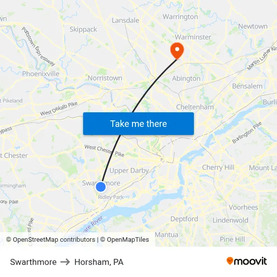 Swarthmore to Horsham, PA map