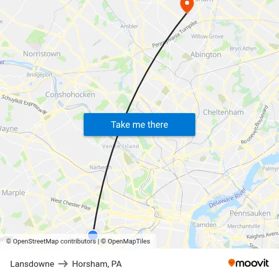 Lansdowne to Horsham, PA map