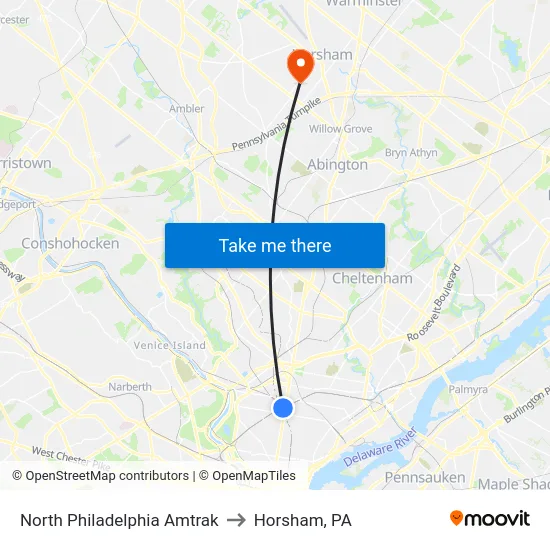 North Philadelphia Amtrak to Horsham, PA map