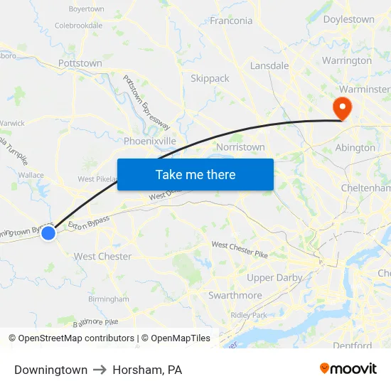 Downingtown to Horsham, PA map