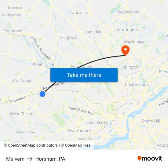 Malvern to Horsham, PA map