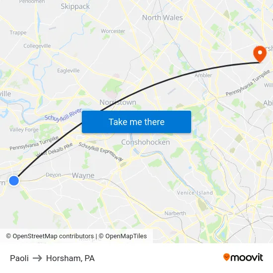Paoli to Horsham, PA map