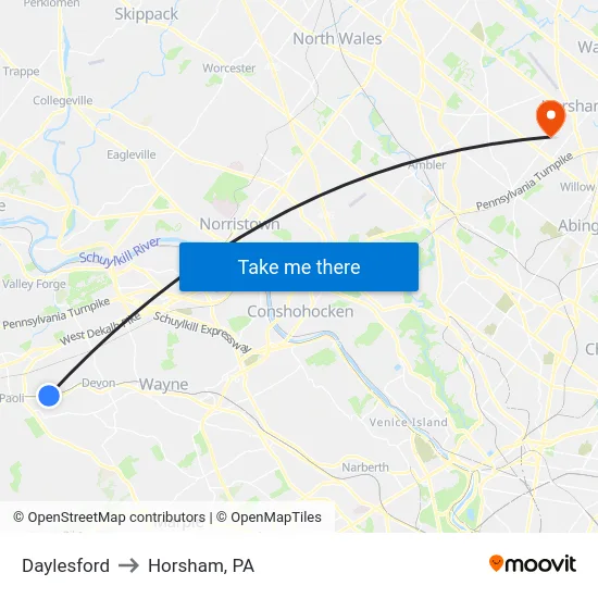 Daylesford to Horsham, PA map