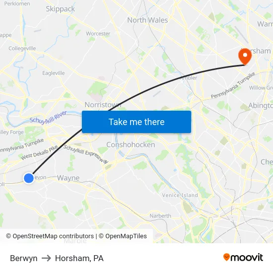 Berwyn to Horsham, PA map
