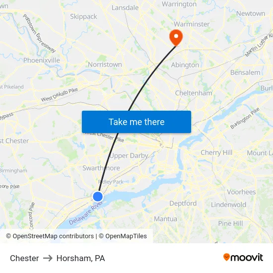 Chester to Horsham, PA map