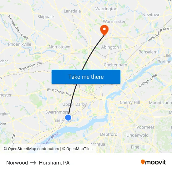 Norwood to Horsham, PA map