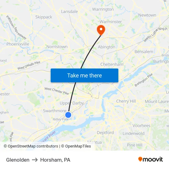 Glenolden to Horsham, PA map