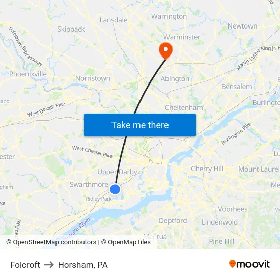Folcroft to Horsham, PA map