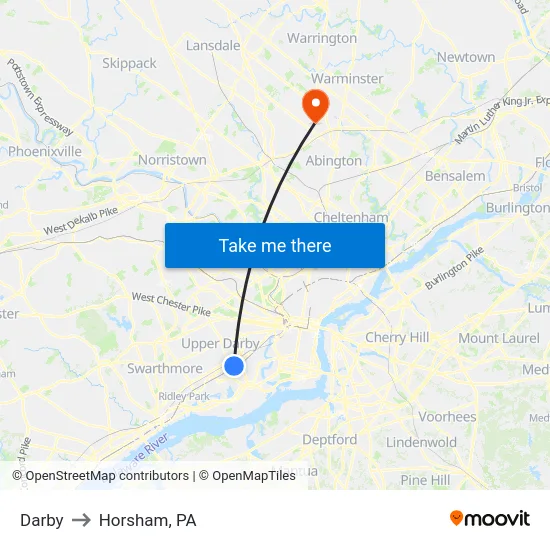 Darby to Horsham, PA map