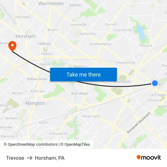 Trevose to Horsham, PA map