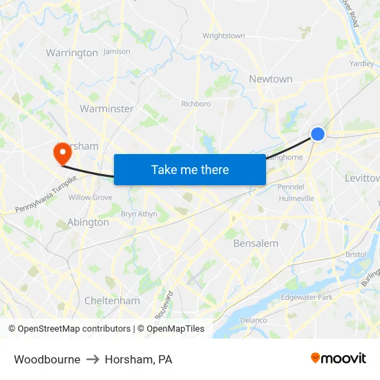 Woodbourne to Horsham, PA map
