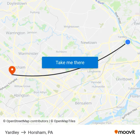 Yardley to Horsham, PA map