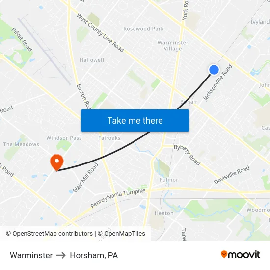 Warminster to Horsham, PA map