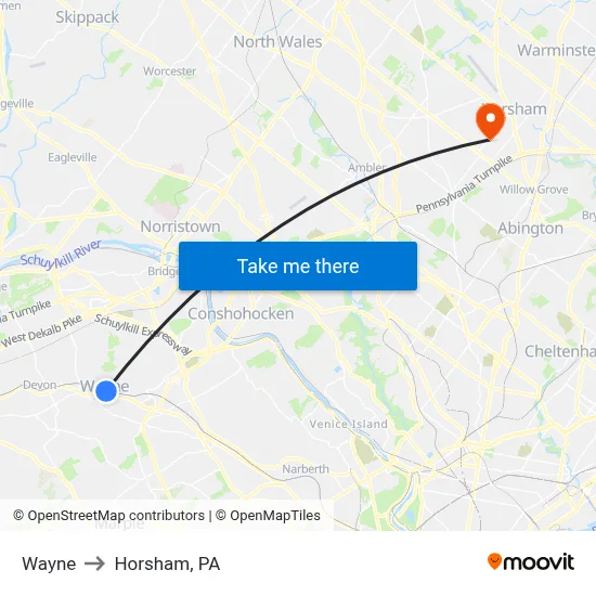 Wayne to Horsham, PA map