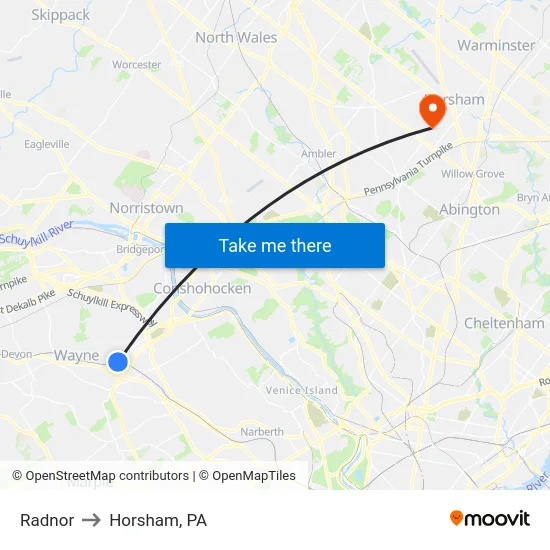 Radnor to Horsham, PA map