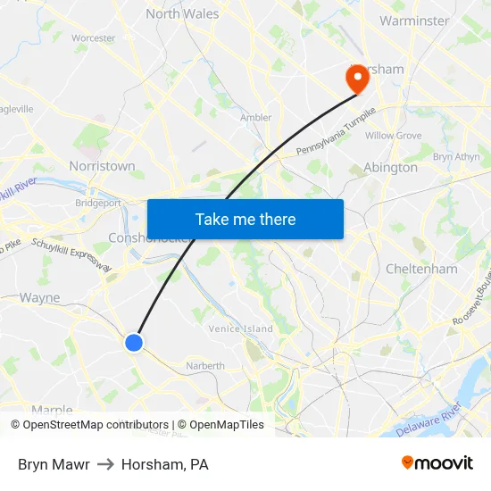 Bryn Mawr to Horsham, PA map