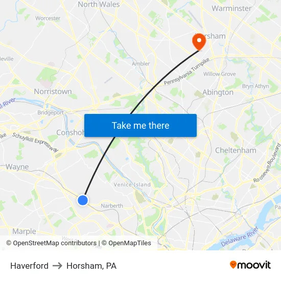 Haverford to Horsham, PA map
