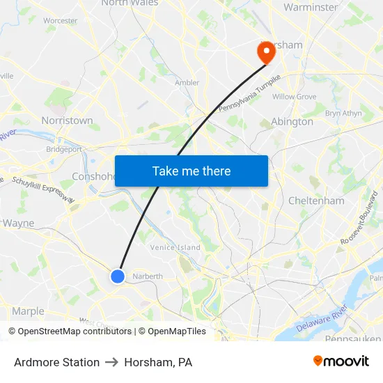 Ardmore Station to Horsham, PA map