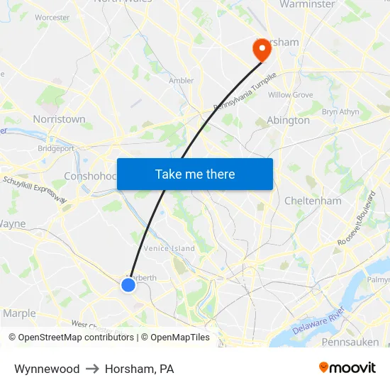 Wynnewood to Horsham, PA map