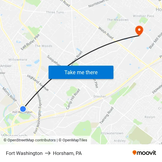 Fort Washington to Horsham, PA map
