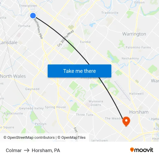 Colmar to Horsham, PA map