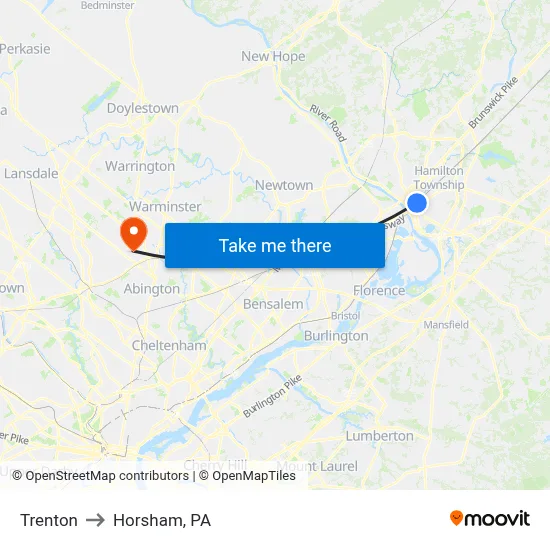 Trenton to Horsham, PA map