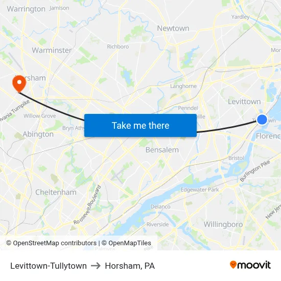 Levittown-Tullytown to Horsham, PA map