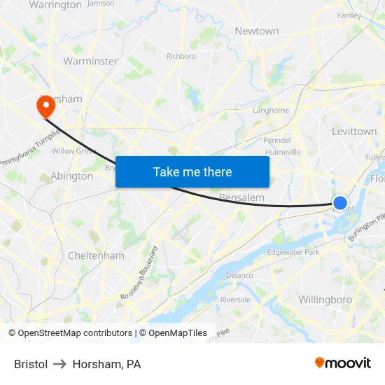Bristol to Horsham, PA map