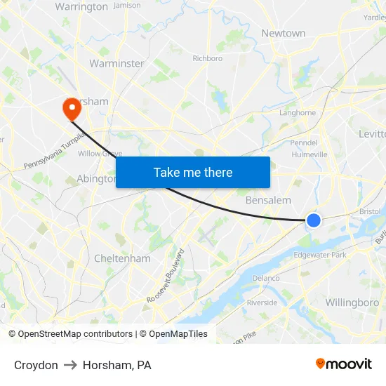 Croydon to Horsham, PA map