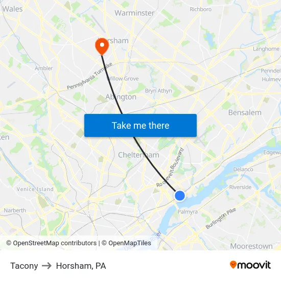 Tacony to Horsham, PA map