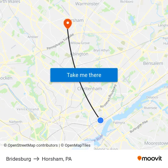 Bridesburg to Horsham, PA map