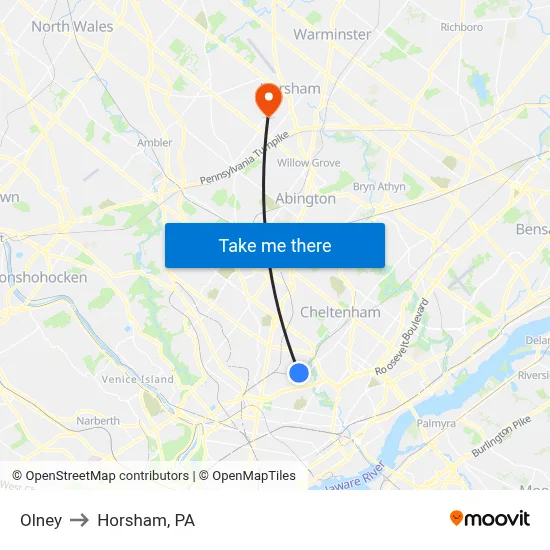 Olney to Horsham, PA map