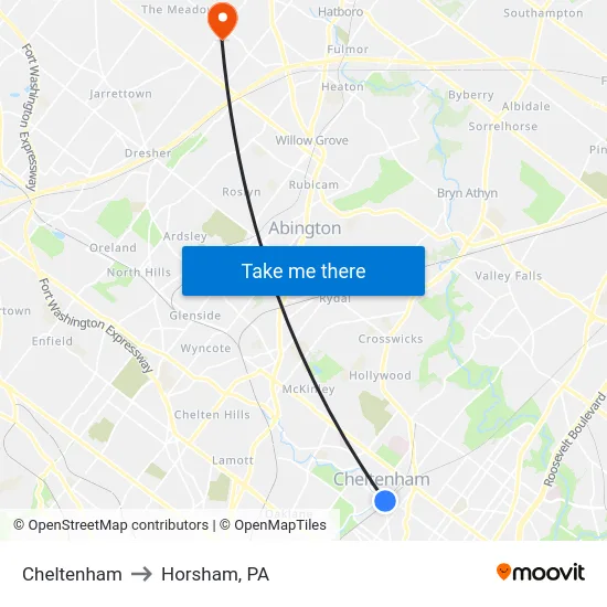 Cheltenham to Horsham, PA map
