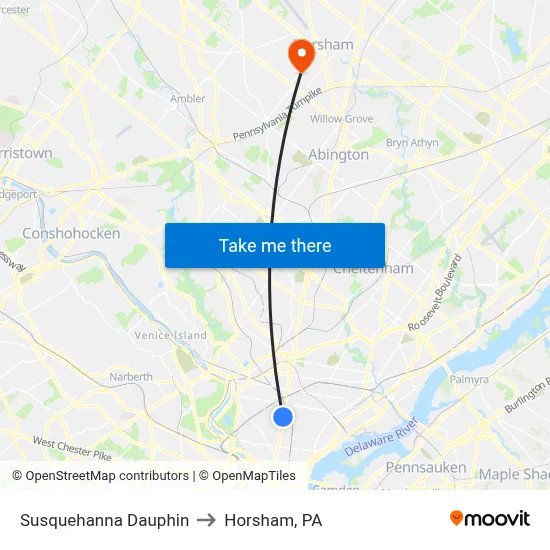 Susquehanna Dauphin to Horsham, PA map