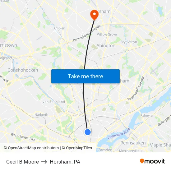 Cecil B Moore to Horsham, PA map