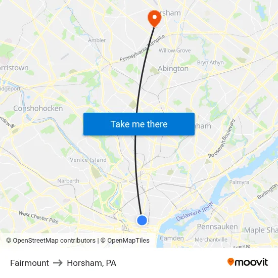 Fairmount to Horsham, PA map