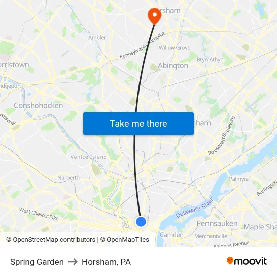Spring Garden to Horsham, PA map