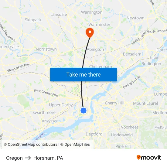 Oregon to Horsham, PA map
