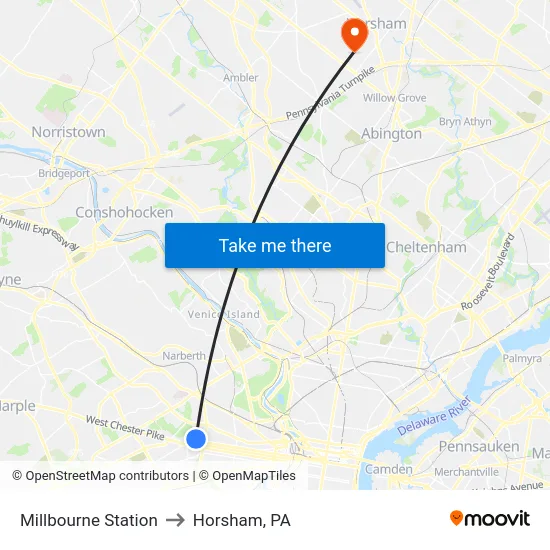 Millbourne Station to Horsham, PA map