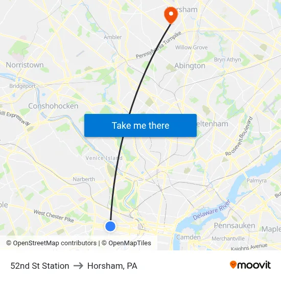 52nd St Station to Horsham, PA map