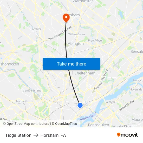 Tioga Station to Horsham, PA map