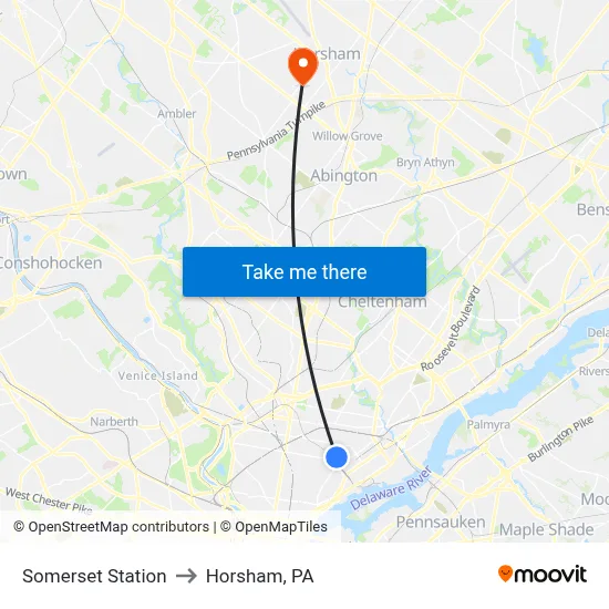 Somerset Station to Horsham, PA map