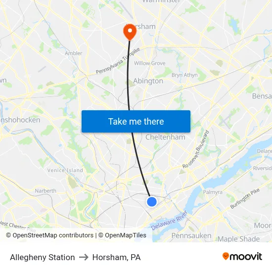 Allegheny Station to Horsham, PA map