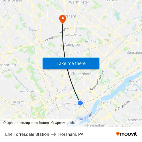 Erie Torresdale Station to Horsham, PA map