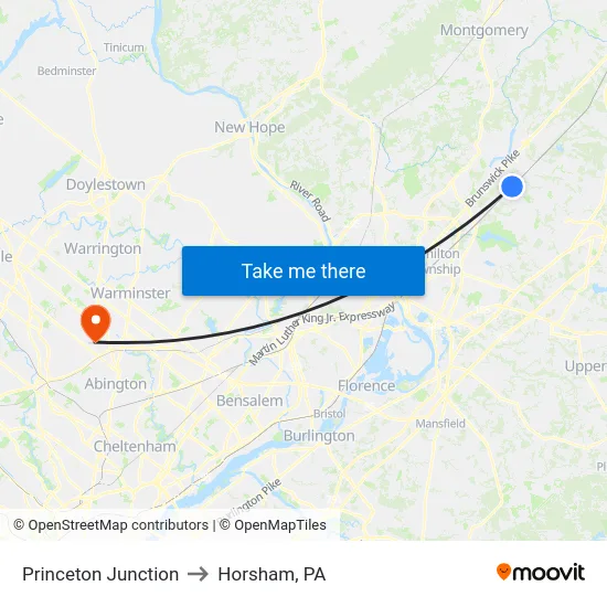 Princeton Junction to Horsham, PA map