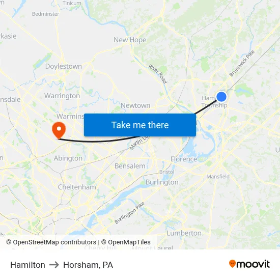 Hamilton to Horsham, PA map