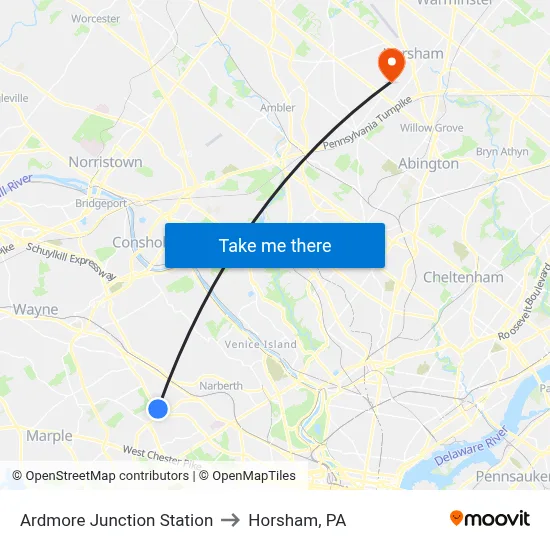 Ardmore Junction Station to Horsham, PA map